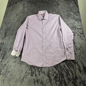 Report Collection Button Down Mens L 16.5 Purple Striped Paisley Trim Shirt